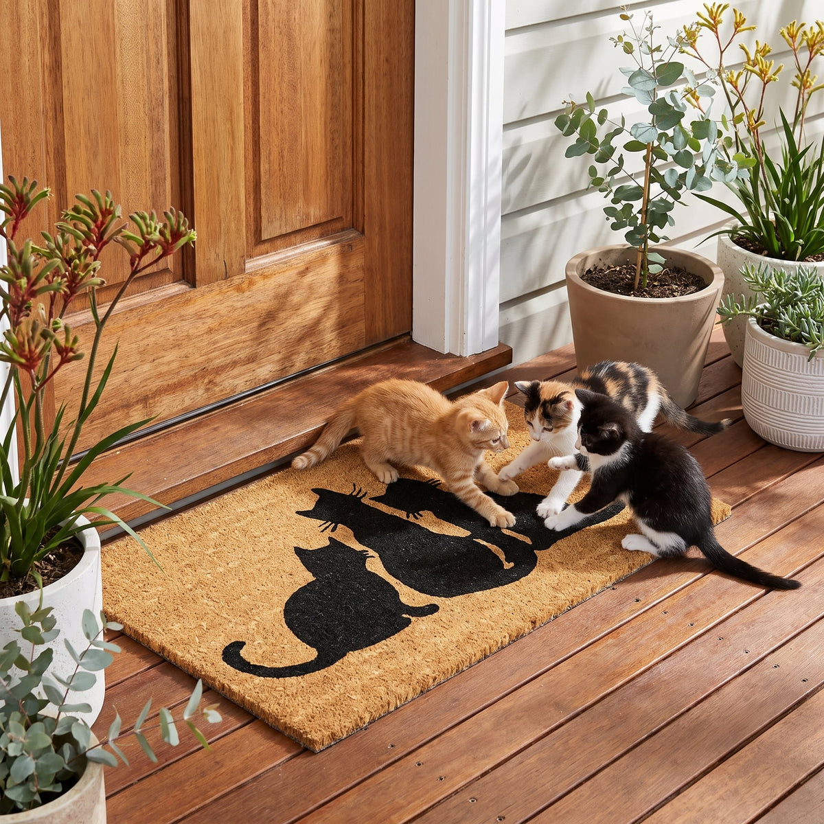 Cat Design Coir Door Mat 45 x 75 cm Slimline Low Clearance Non-Slip Latex Backed Kitten Welcome Entrance Doormat