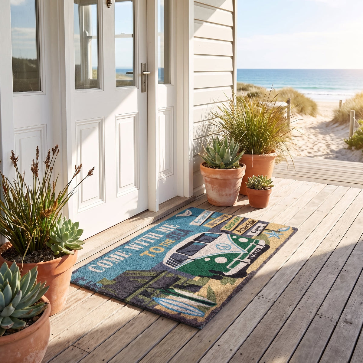 Kombi Van Coir Doormat 45 x 75 cm Beach Surf Non-Slip Latex Backed Low Profile Outdoor Entrance Front Door Mat