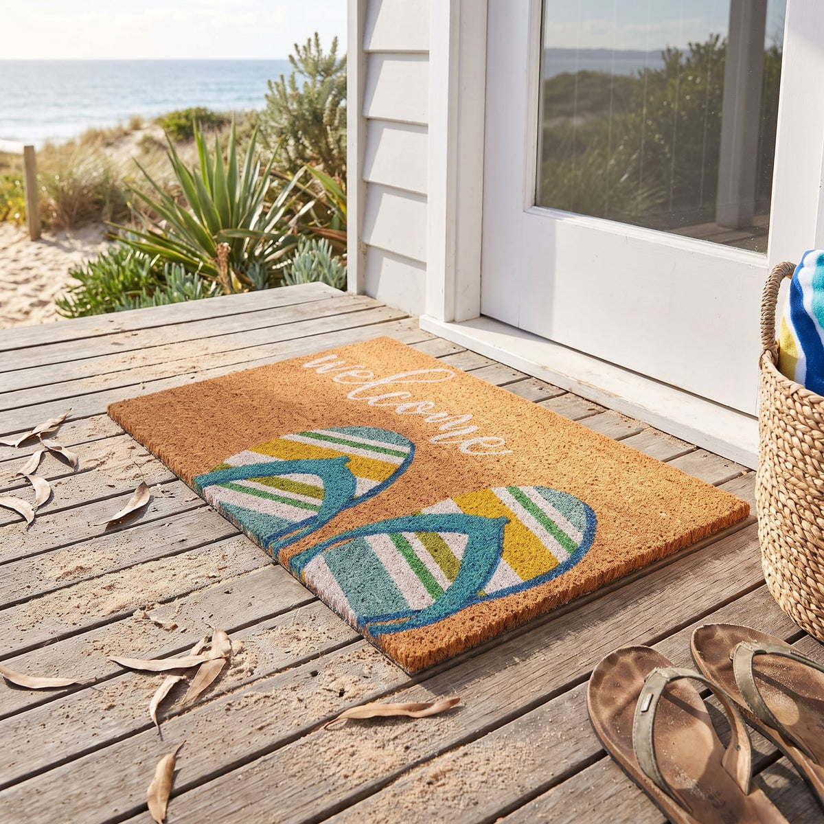 Coastal Beach Coir Door Mat 45 x 75 cm Aqua Thong Surf Welcome Mat Outdoor Front Door Entrance Scraper Doormat