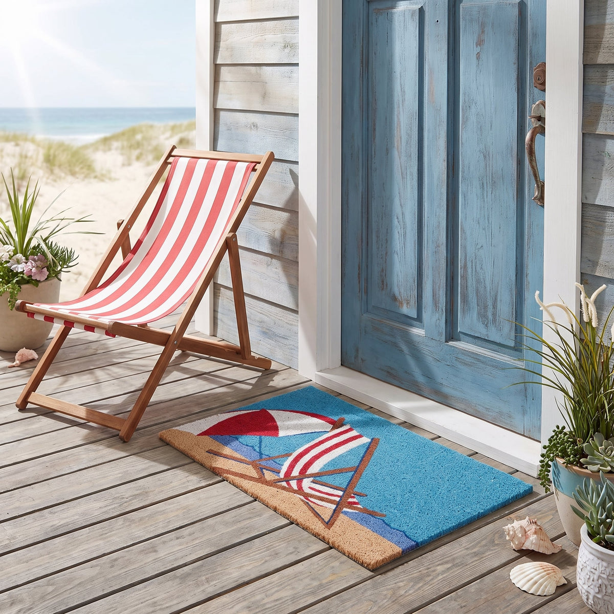Coastal Beach Deck Chair Coir Doormat 45 x 75cm Natural Coconut Fibre Non-Slip Outdoor Front Door Welcome Mat