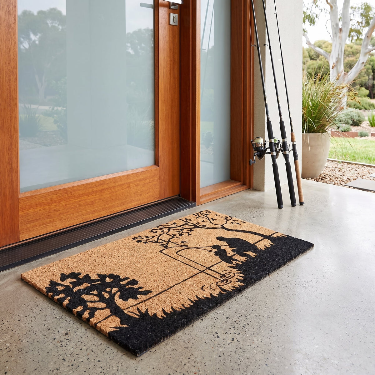 Fishing Silhouette Coir Door Mat 45 x 75 cm Non-Slip Latex Backing Coconut Fibre Outdoor Entrance Welcome Doormat