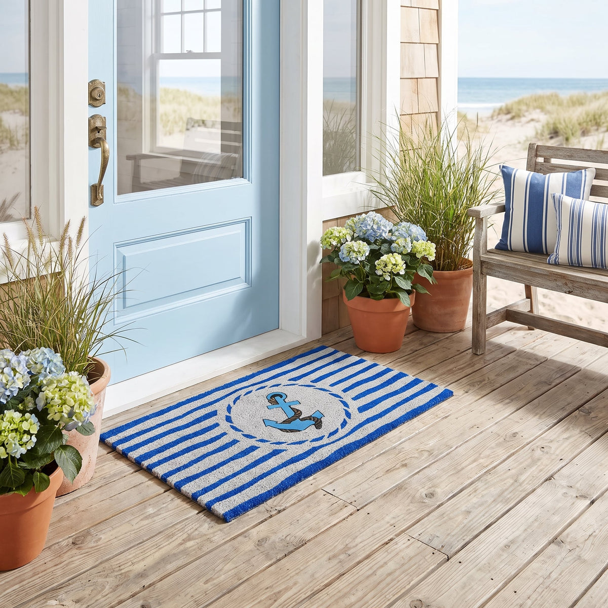 Nautical Boat Anchor Coir Door Mat 45 x 75 cm Non-Slip Backed Natural Coconut Fibre Coastal Entrance Welcome Doormat