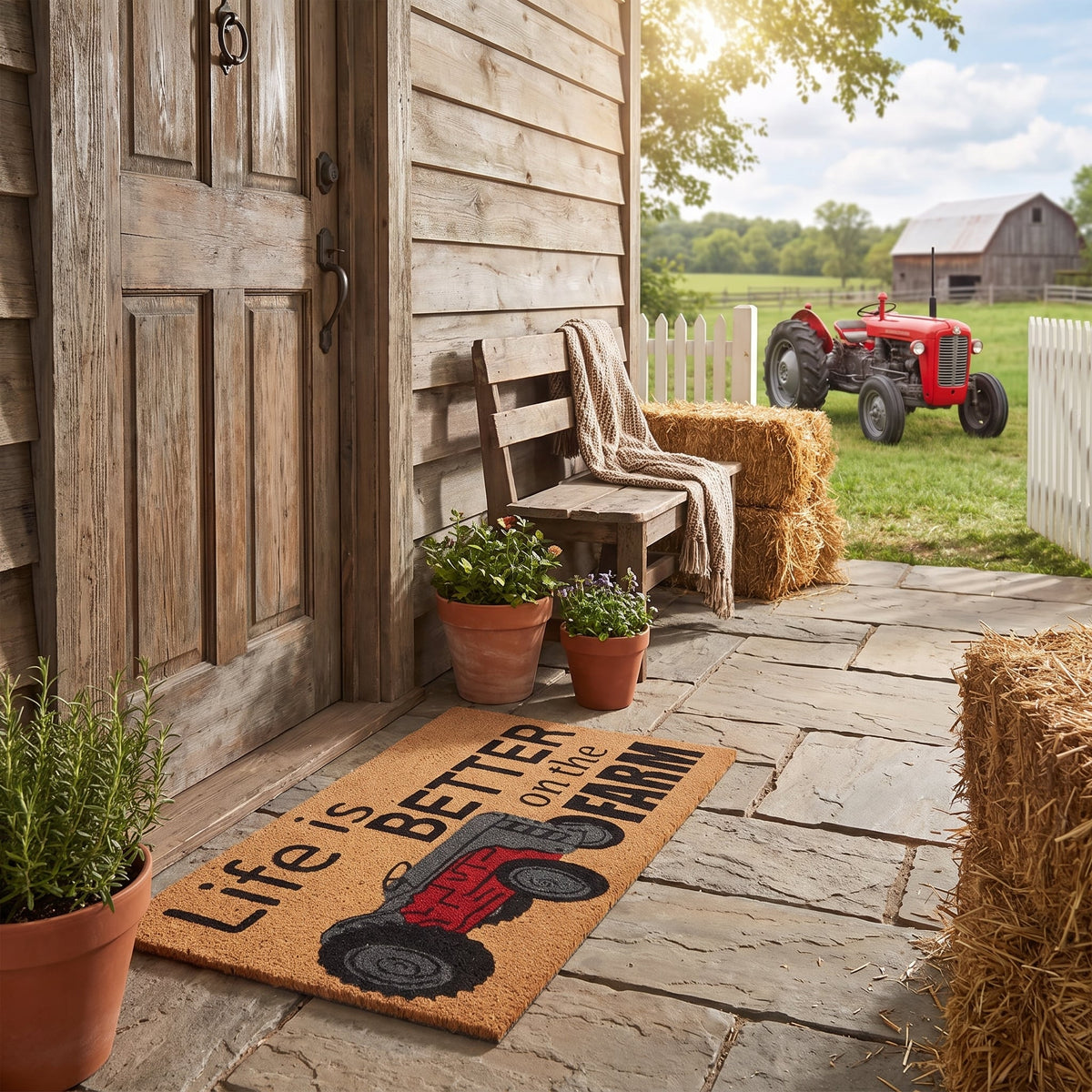 Farm Tractor Coir Doormat 45 x 75 cm Natural Coconut Fibre Non-Slip Front Door Entrance Welcome Mat Shoe Scraper