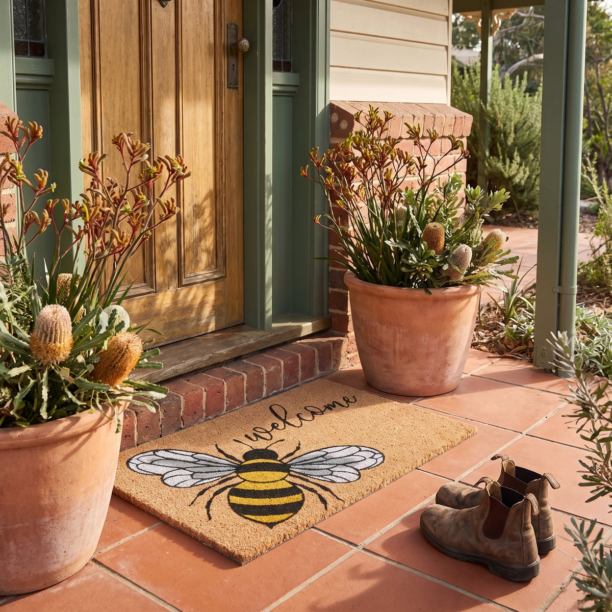 Welcome Bumble Bee Natural Coir Door Mat 45 x 75 cm Front Door Entrance Doormat Non-Slip PVC Backing