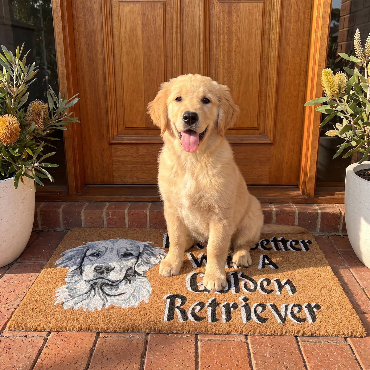 Golden Retriever Dog Coir Doormat 45 x 75 cm Non-Slip PVC Welcome Entrance Mat Life Is Better Puppy Dirt Trapper