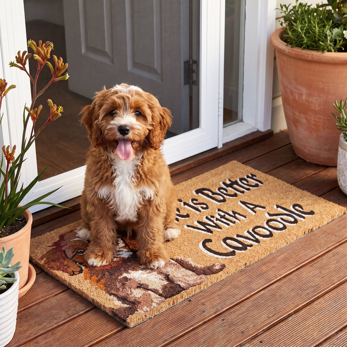 Cavoodle Dog Coir Door Mat 45 x 75 cm Life Is Better Front Door Welcome Mat Natural Coconut Fibre Puppy Pet Lover