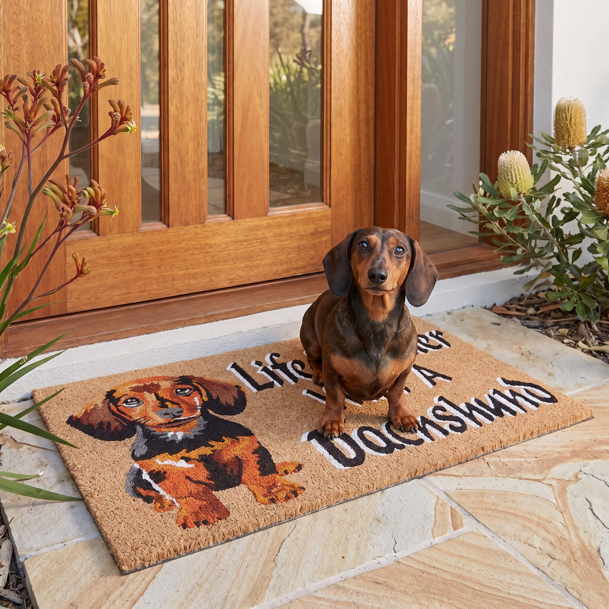 Dachshund Dog Coir Doormat 45 x 75 cm Natural Coconut Fibre Life Is Better Puppy Front Door Entrance Welcome Mat