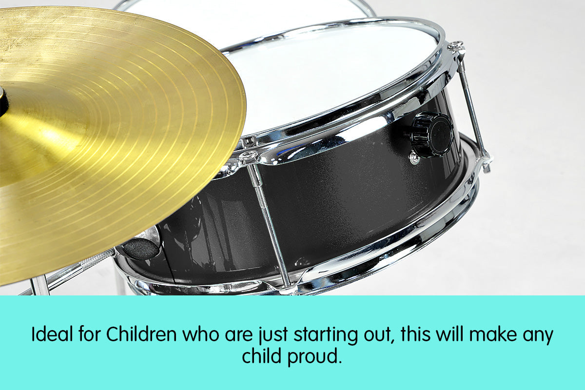 Karrera Mini 4-Piece Children Drum Kit Set Wooden with 2 Toms Bass Pedal Snare Stool Metallic Black