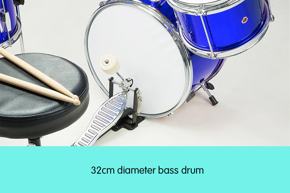 Karrera Mini 4-Piece Children Drum Kit Set Wooden with 2 Toms Bass Pedal Snare Stool Metallic Blue