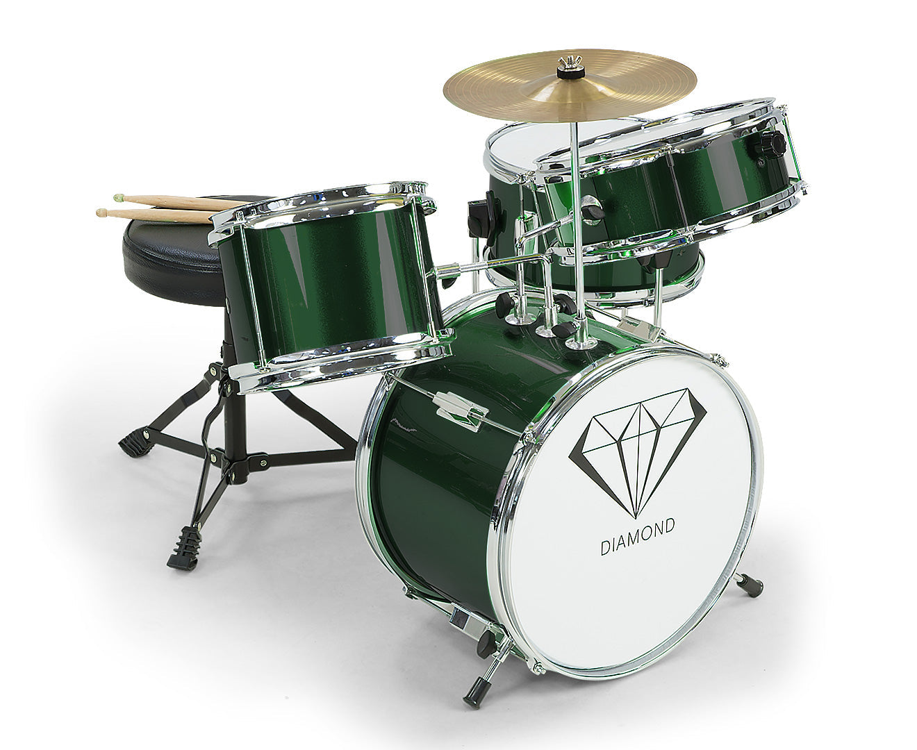 Karrera Mini 4-Piece Children Drum Kit Set Wooden with 2 Toms Bass Pedal Snare Stool Metallic Green