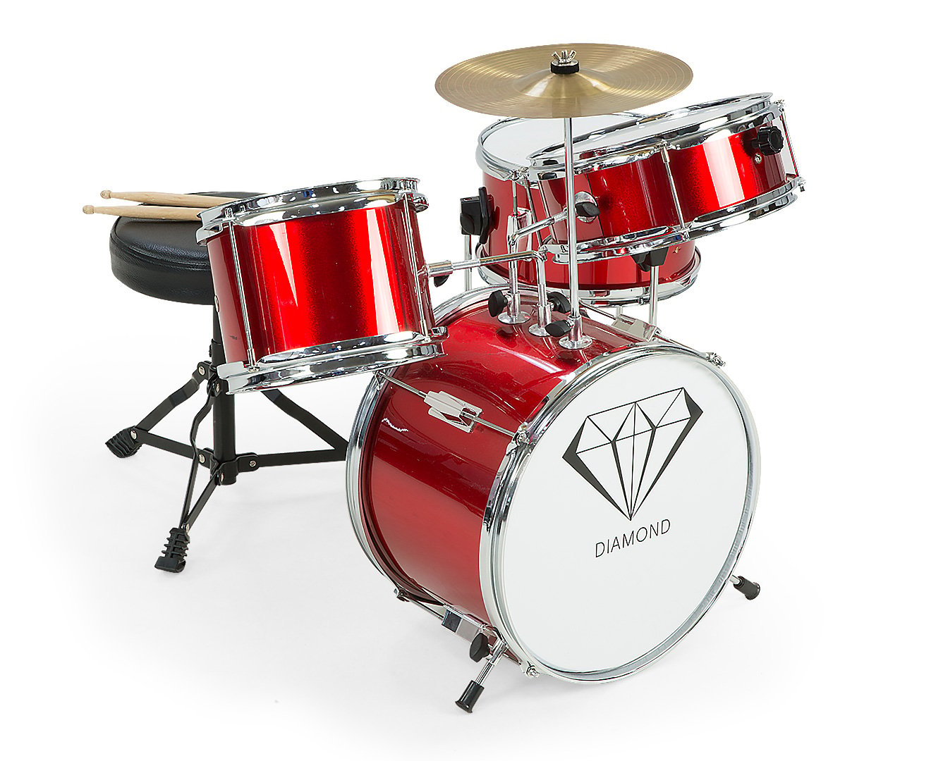 Karrera Mini 4-Piece Children Drum Kit Set Wooden with 2 Toms Bass Pedal Snare Stool Metallic Red
