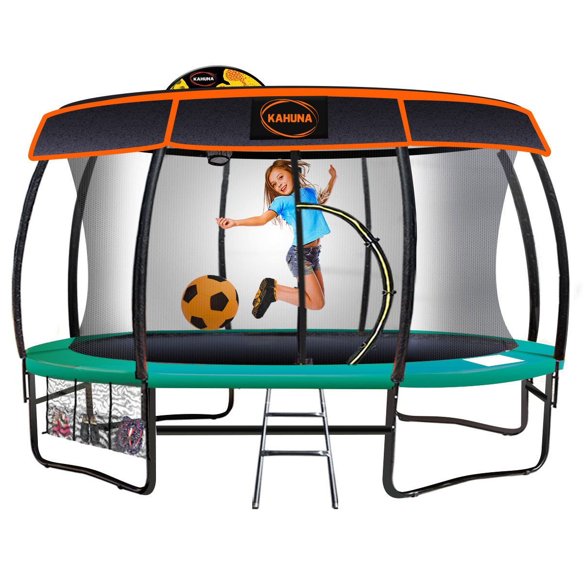 Kahuna Trampoline 14 ft with Basketball Set Roof - Green