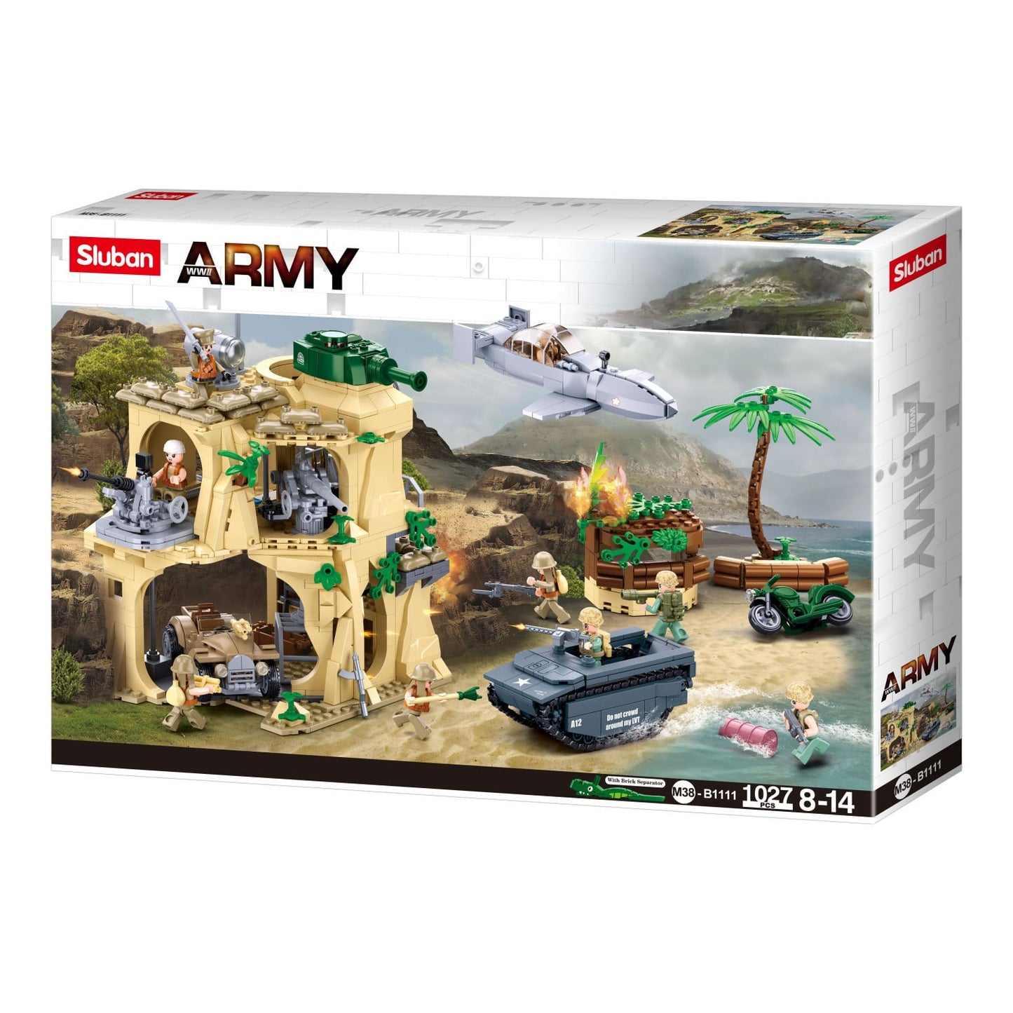 Sluban B1111 Model Kit WWII Battle of Iwo Jima Island Bunker Landing Craft Army Military Base Diorama Blocks DIY Set Toy