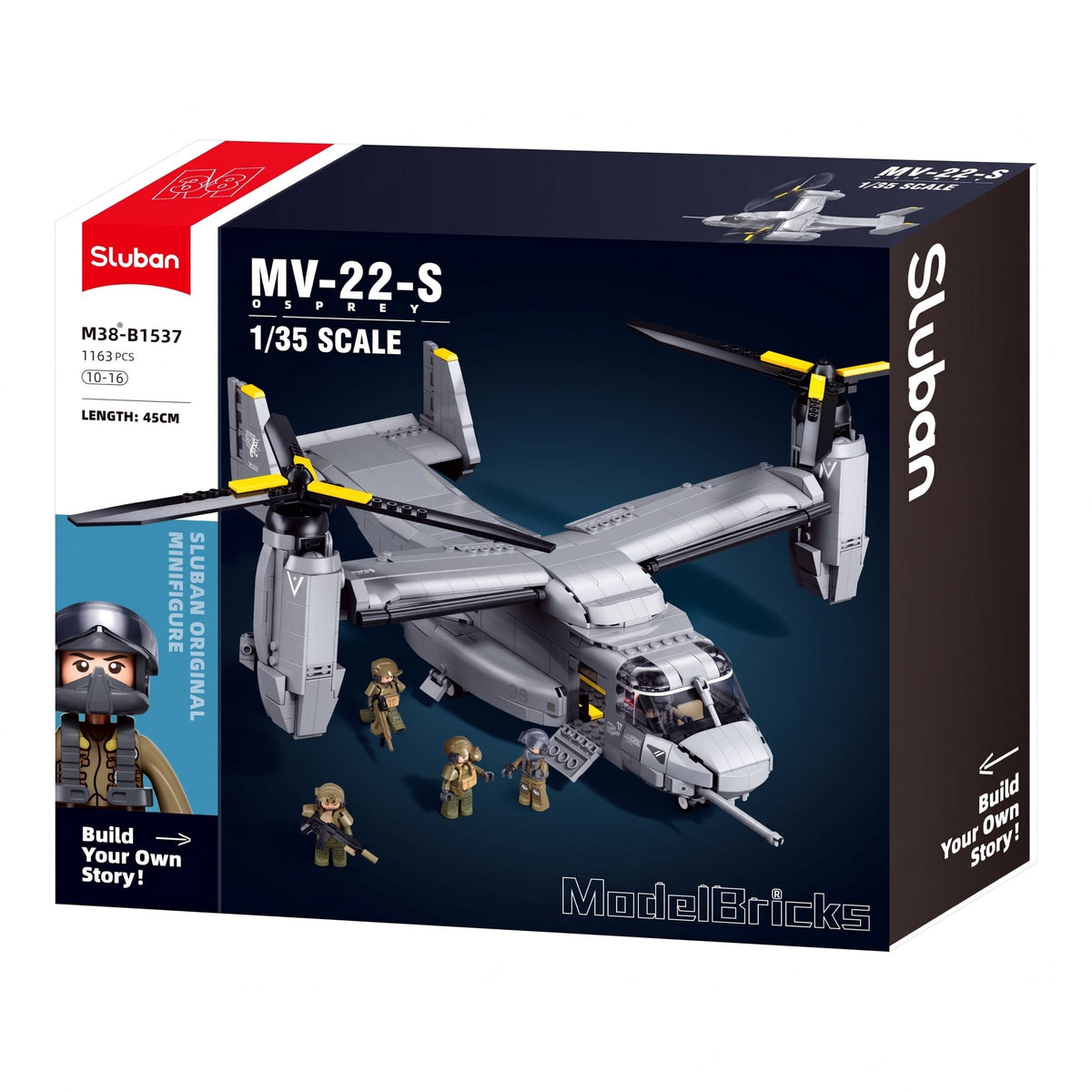 Sluban B1537 Model Kit 1:44 MV-22 Osprey Tiltrotor Helicopter Plane Military Air Force Building Blocks DIY Set Toy