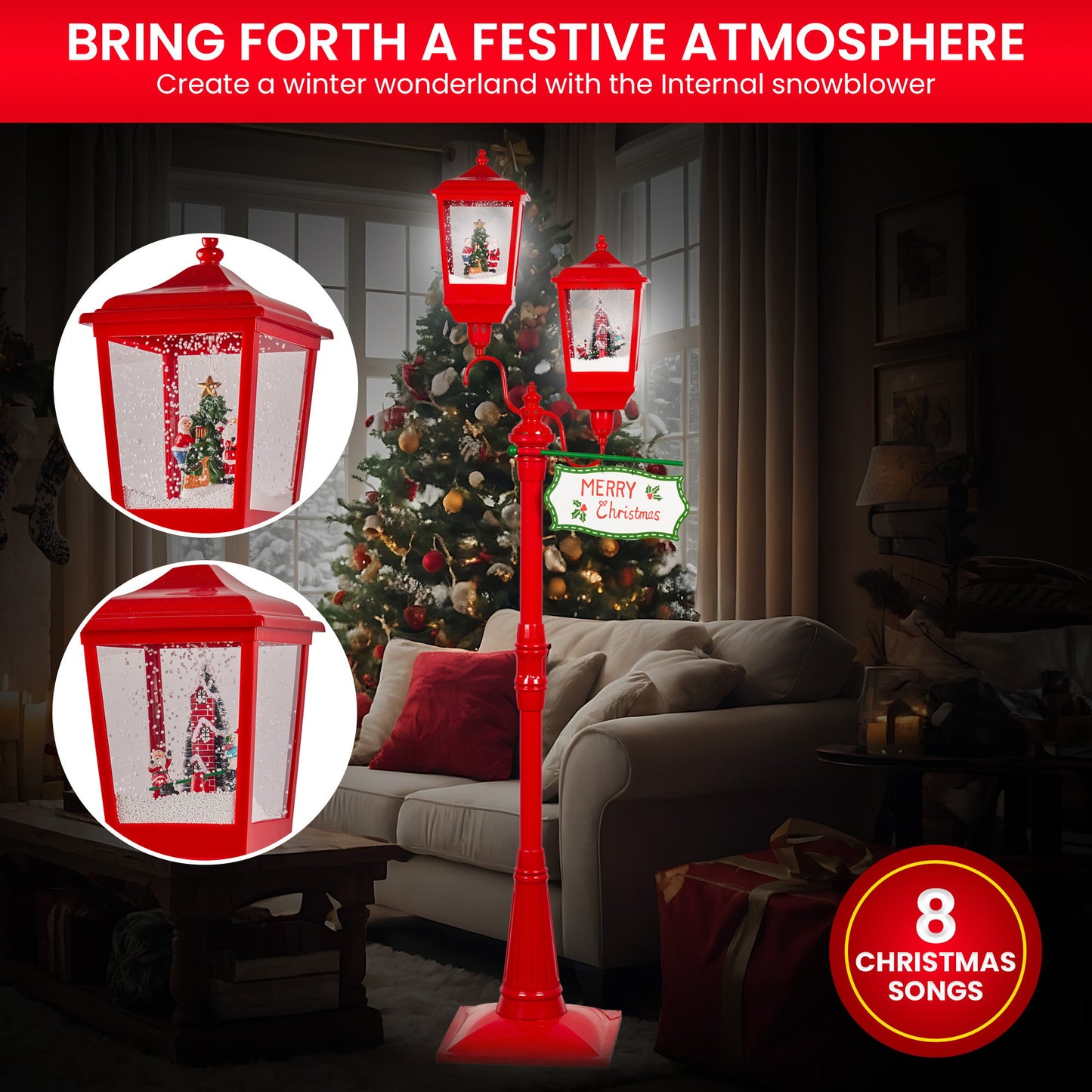 Christabelle Christmas Lamp Post with Lights Music & Snow - Red 195cm
