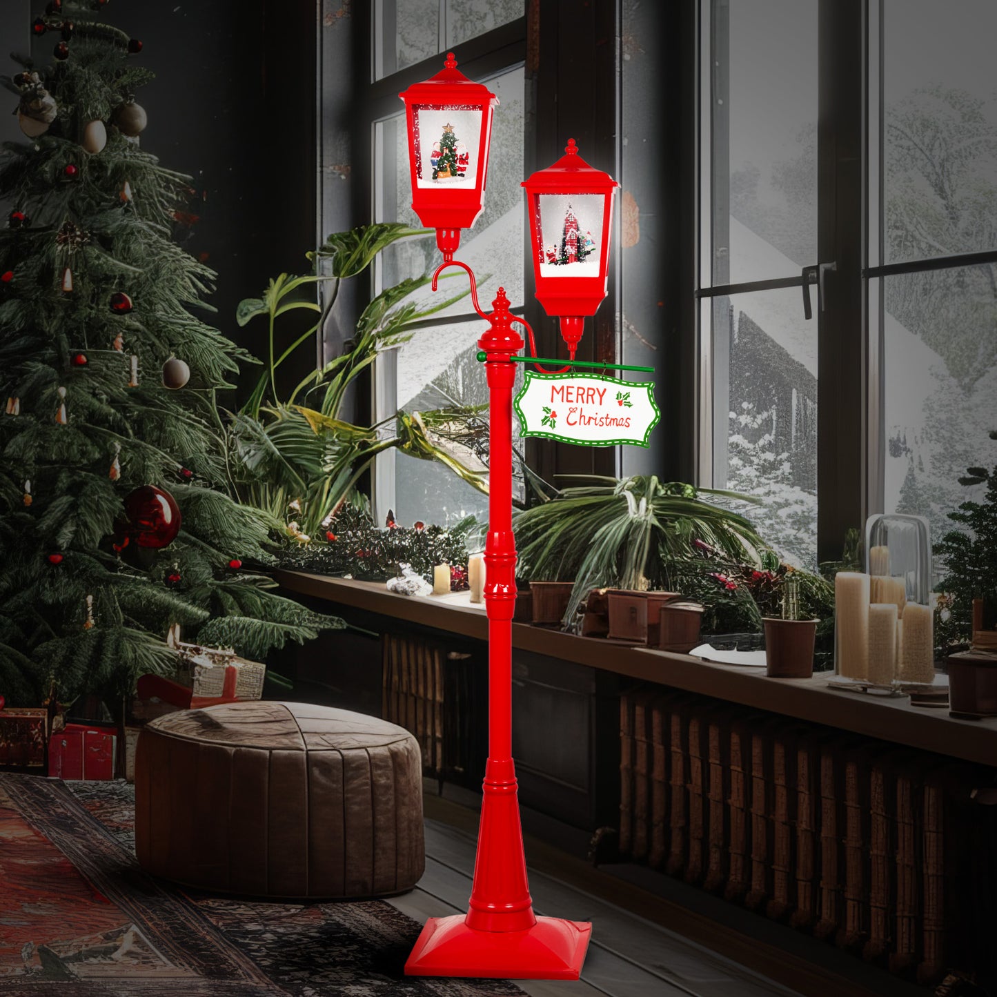 Christabelle Christmas Lamp Post with Lights Music & Snow - Red 195cm