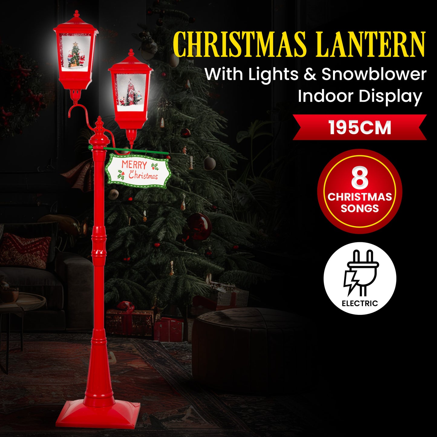 Christabelle Christmas Lamp Post with Lights Music & Snow - Red 195cm