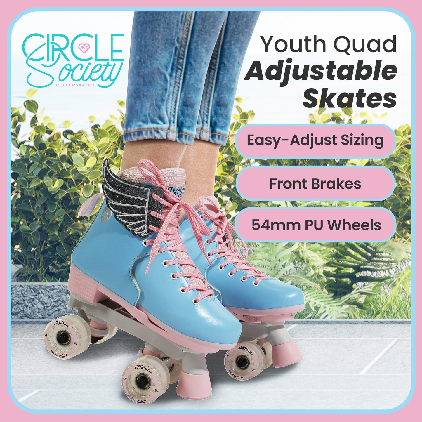Circle Society Adjustable Kids Quad Roller Skates - Cotton Candy Rhythm Skates