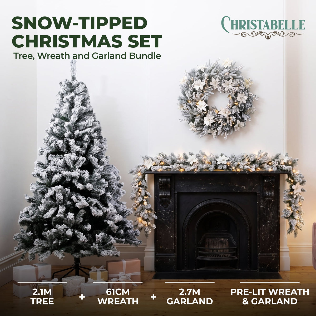 Christabelle Snow-Tipped Tree 61cm Snow Wreath Colonial with Lights 2.74m Garland Snow Frosted
