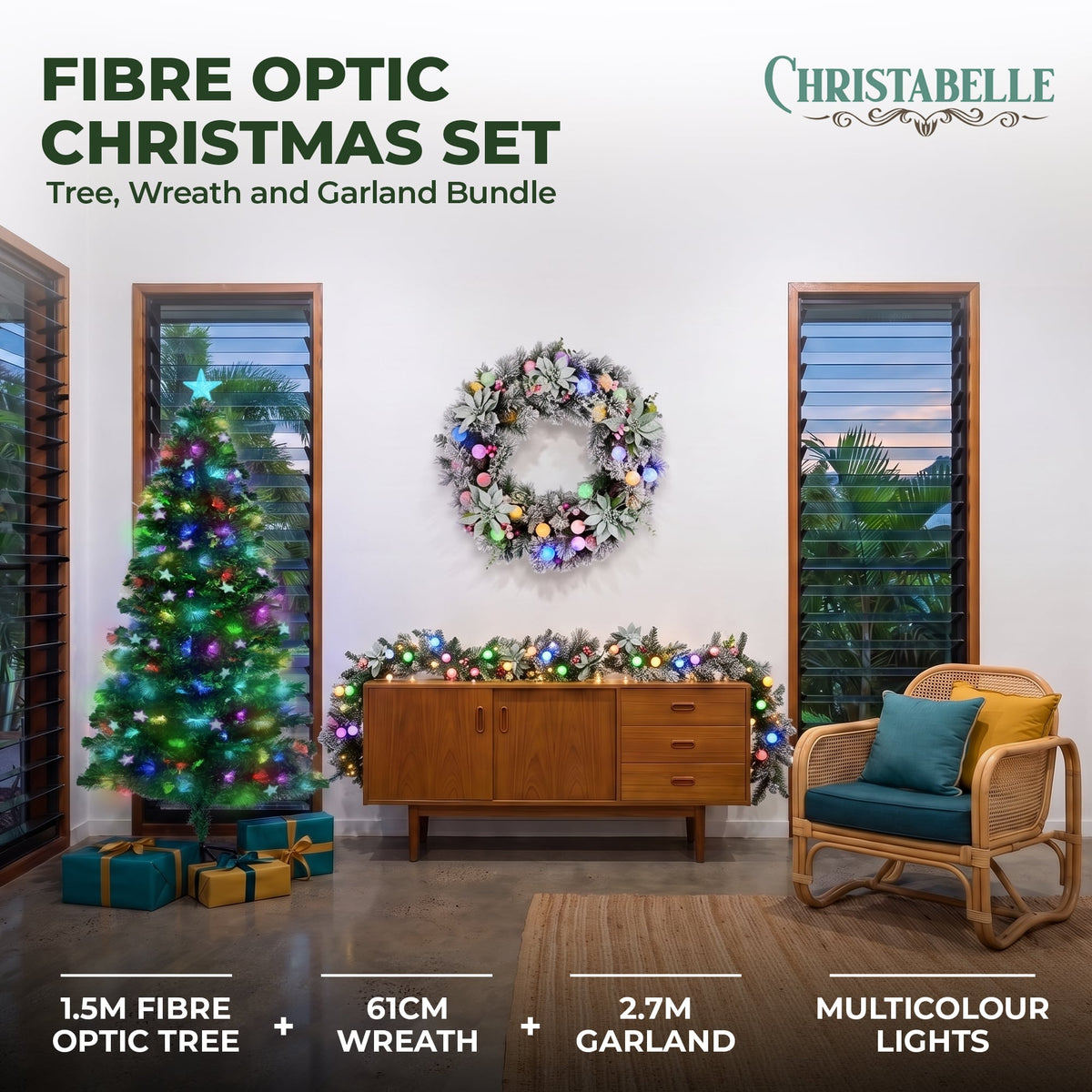Christabelle 1.5m Pre-Lit Fibre Optic Tree Stunning 61cm Snowy Wreath 2.7m Snowy Garland with LED