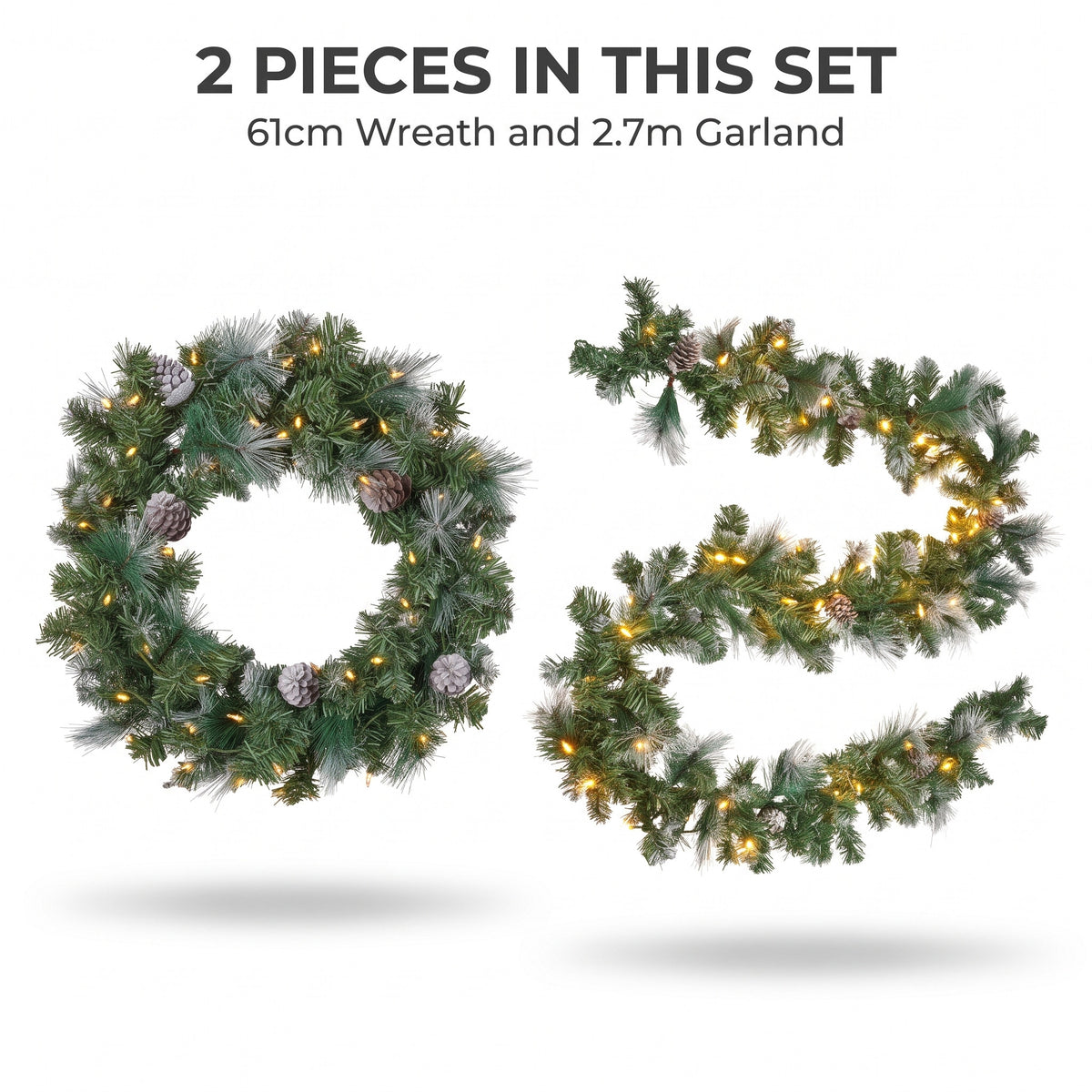 Christabelle Pre-Lit Bayville Pine Christmas Wreath 61cm or Garland 2.7m with 50 LED Lights, Pine Cones & Timer