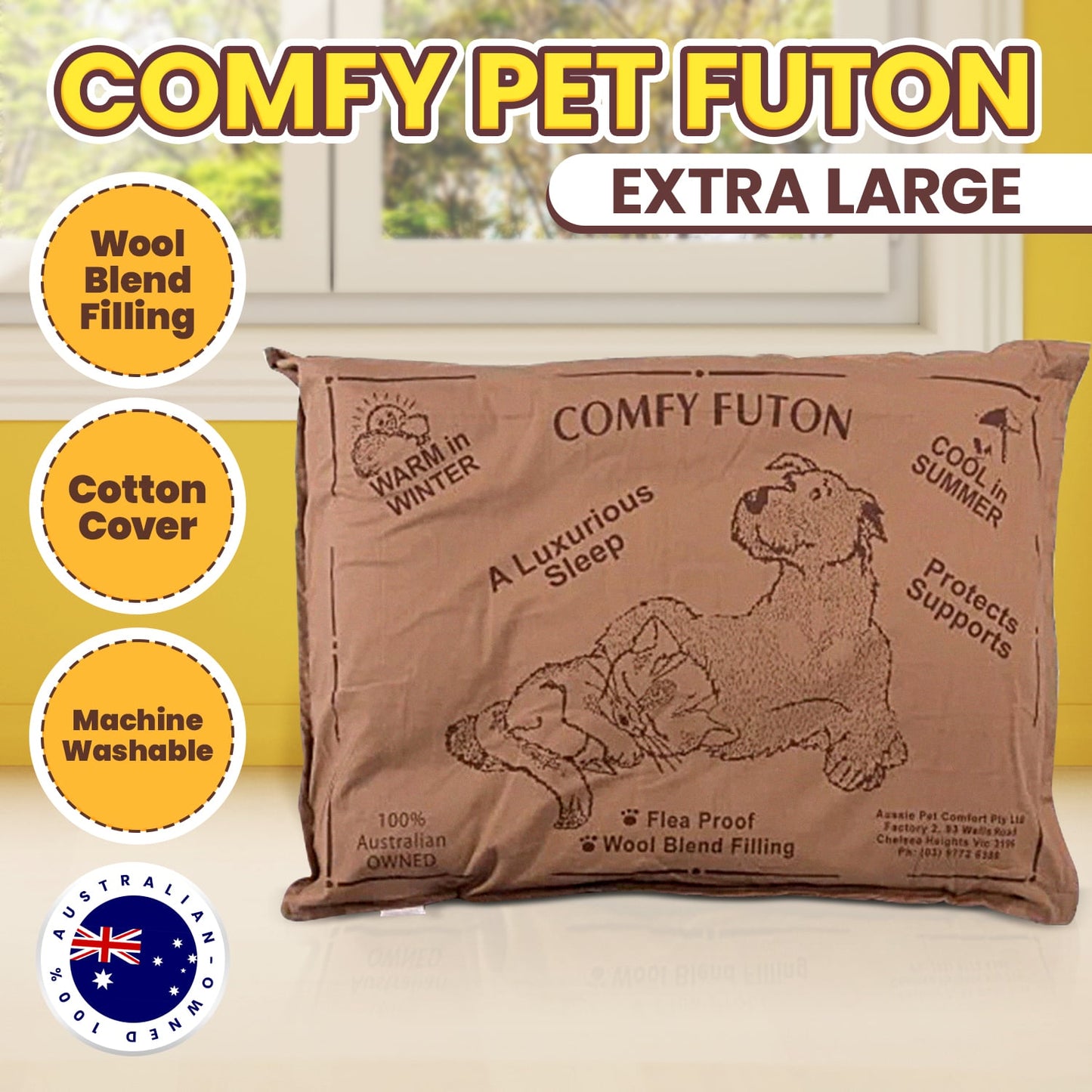 Aussie Made Extra Large Comfy Pet Futon Dog 122cm Wool Blend - Brown