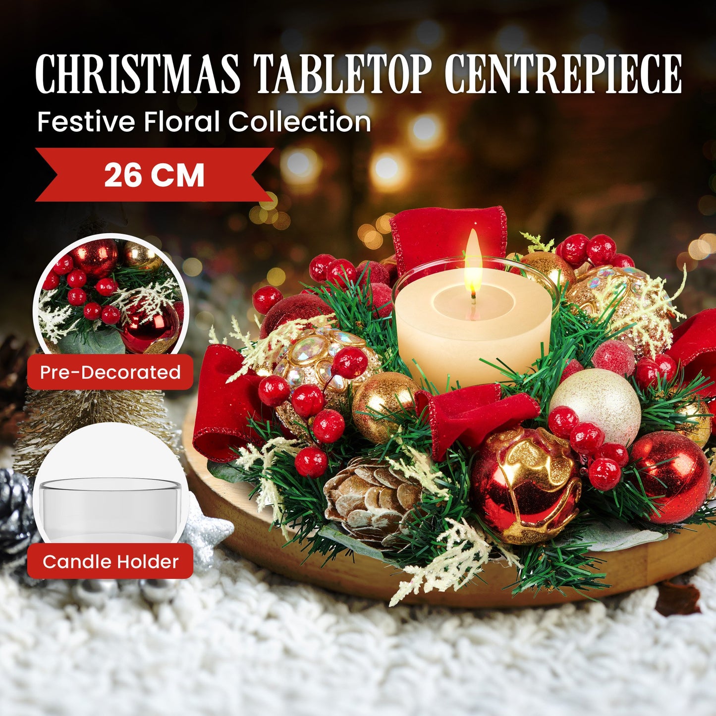 Christabelle Christmas Festive Floral Centrepiece with Glass Candle Holder - 26cm
