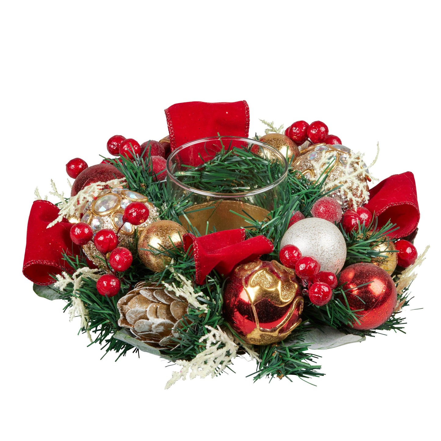 Christabelle Christmas Festive Floral Centrepiece with Glass Candle Holder - 26cm