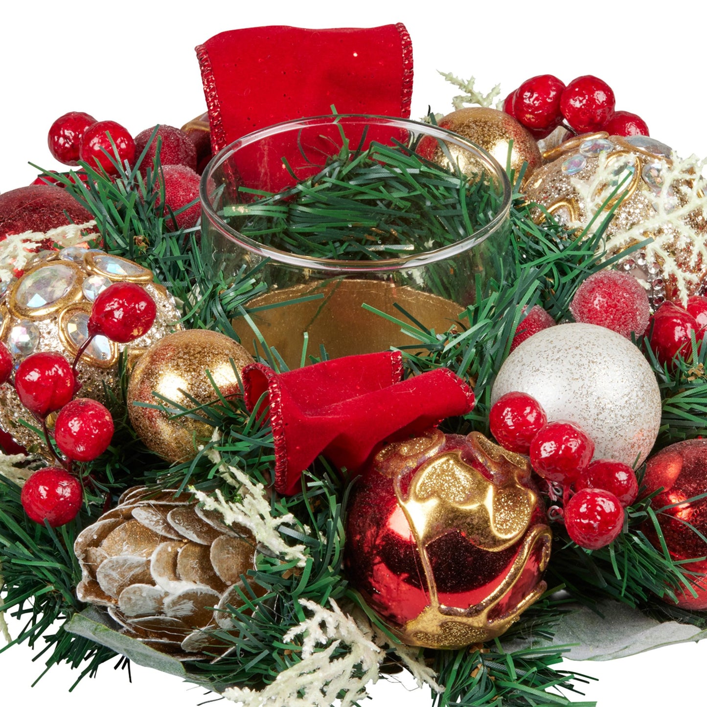 Christabelle Christmas Festive Floral Centrepiece with Glass Candle Holder - 26cm