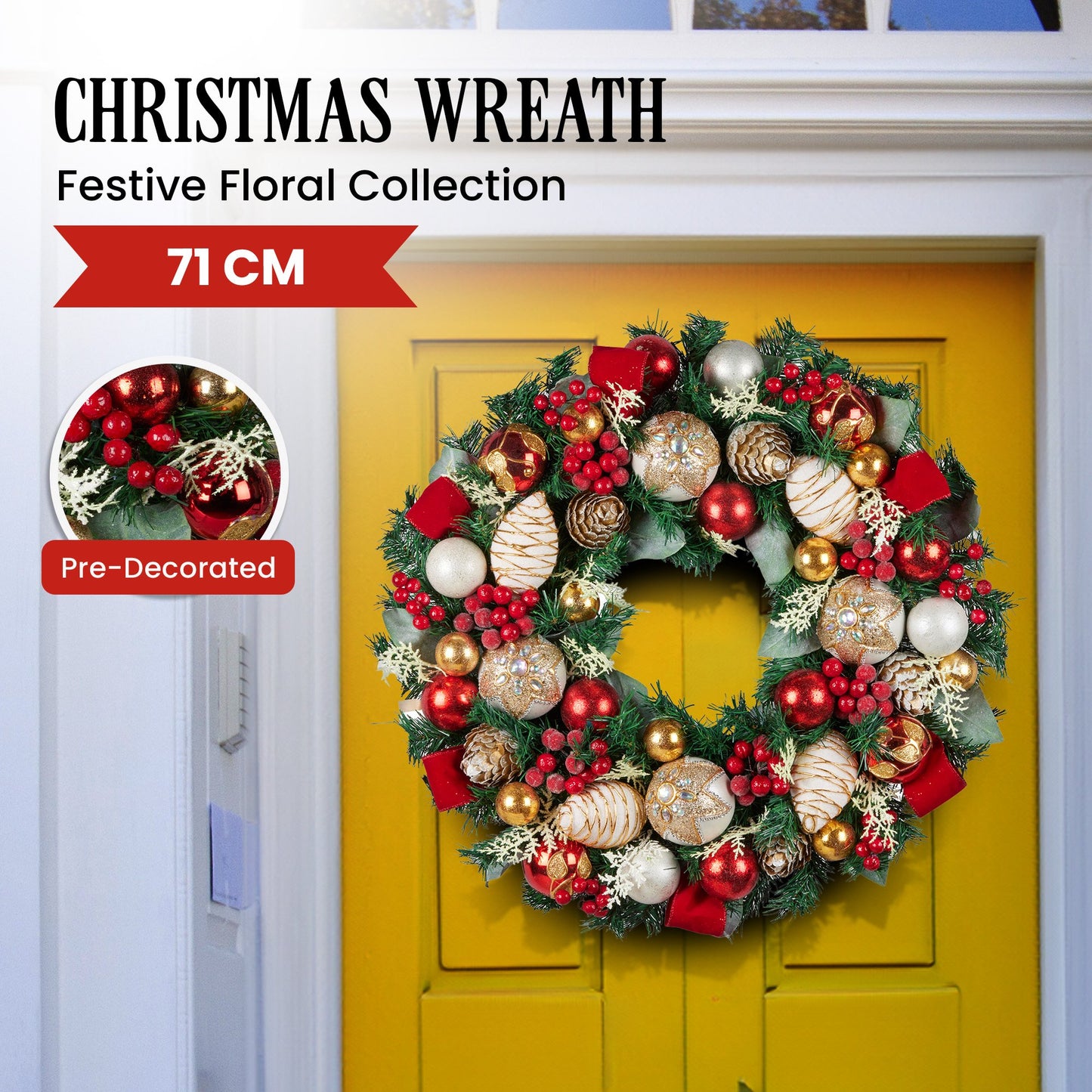 Christabelle Festive Floral Large Christmas Wreath - 71cm