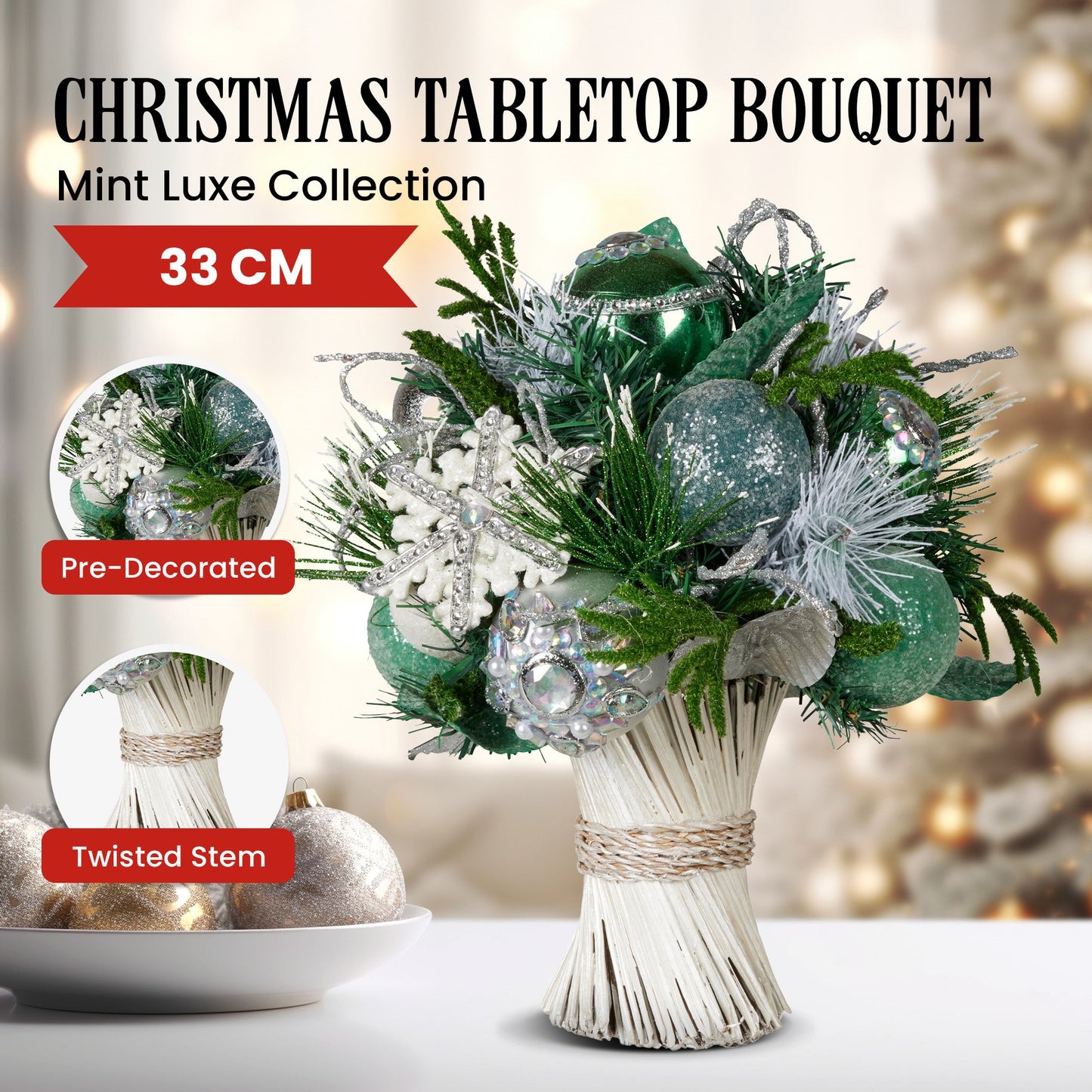 Christabelle Mint Luxe Bouquet Tabletop Christmas Decoration - 33cm