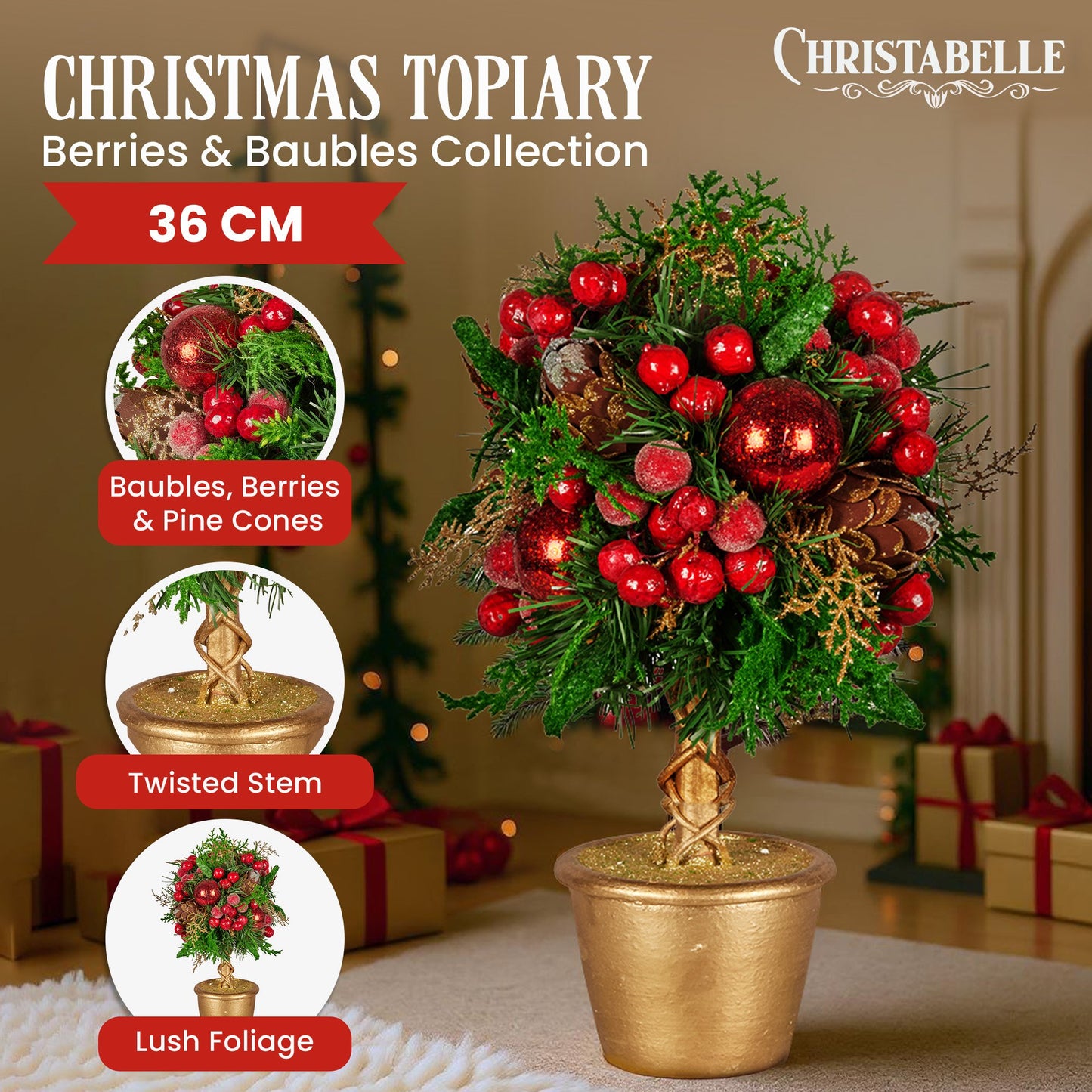Christabelle 36cm Christmas Tabletop Topiary Berries & Baubles