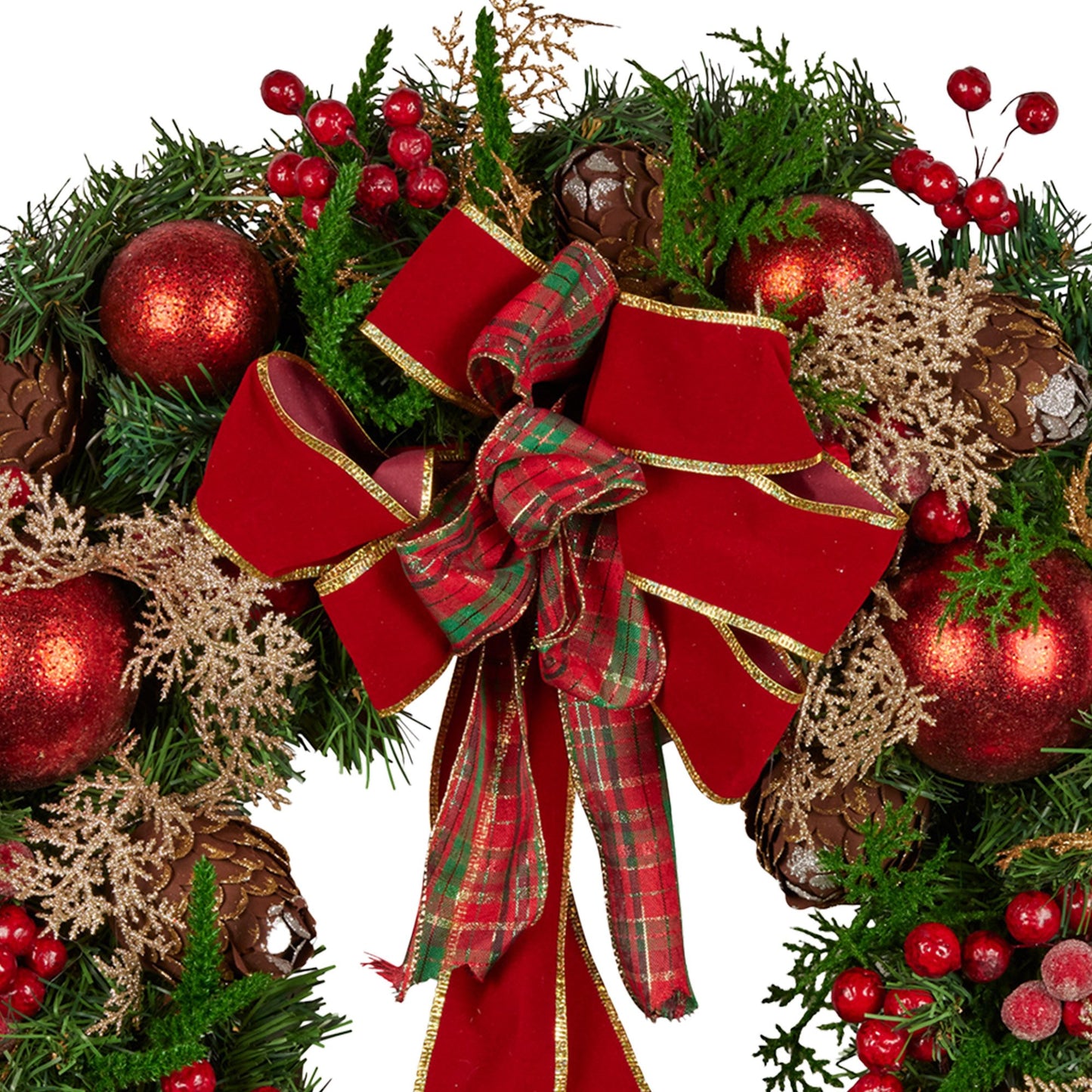 Christabelle Stunning 56cm Christmas Wreath Lush Red Baubles Berries Pine Cones and Bow Front Door Decoration