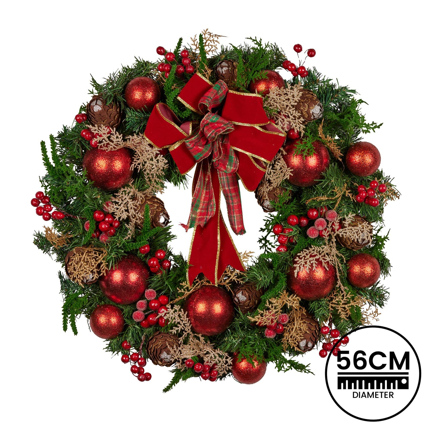 Christabelle Stunning 56cm Christmas Wreath Lush Red Baubles Berries Pine Cones and Bow Front Door Decoration