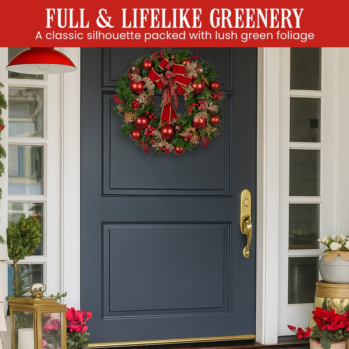 Christabelle Stunning 56cm Christmas Wreath Lush Red Baubles Berries Pine Cones and Bow Front Door Decoration