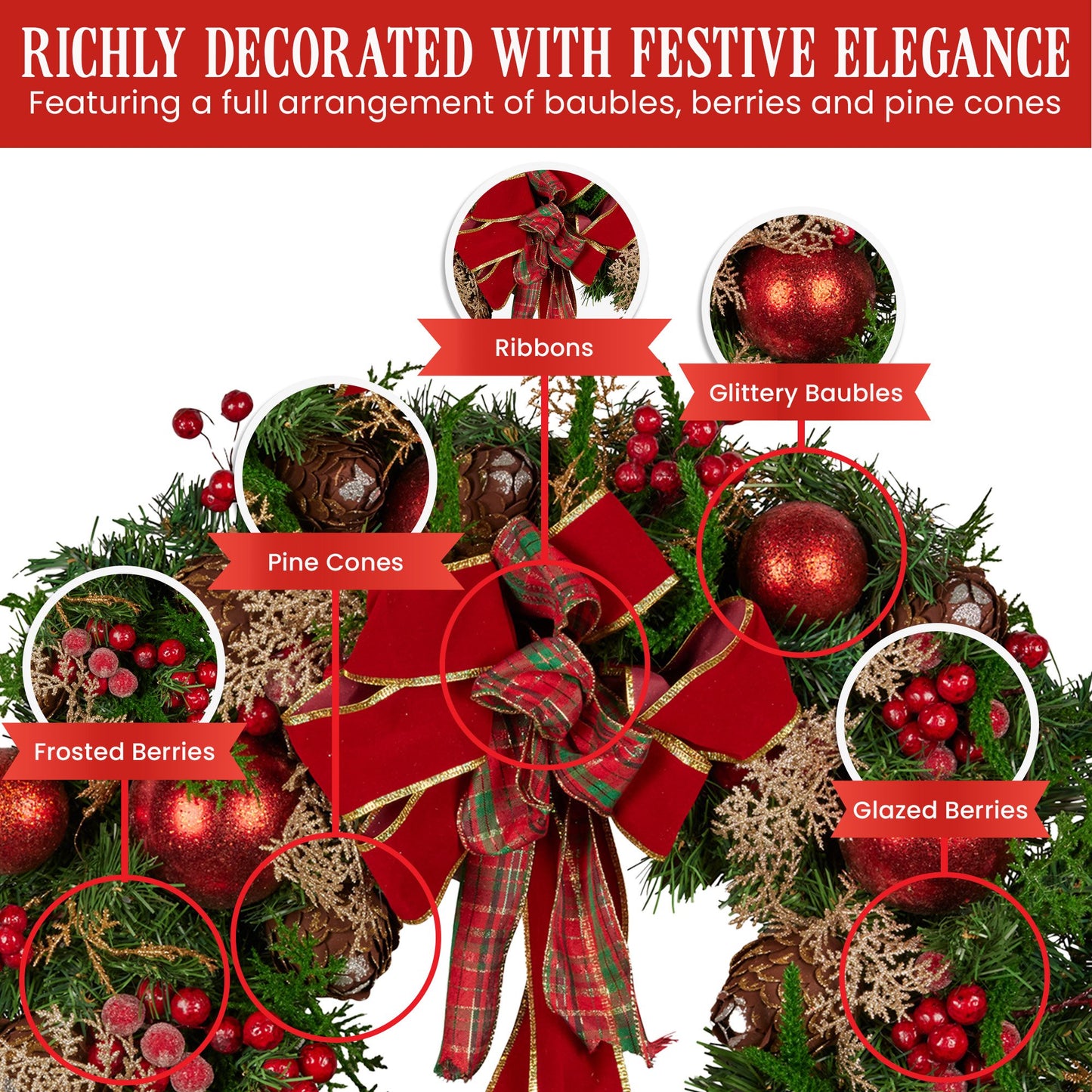 Christabelle Stunning 56cm Christmas Wreath Lush Red Baubles Berries Pine Cones and Bow Front Door Decoration