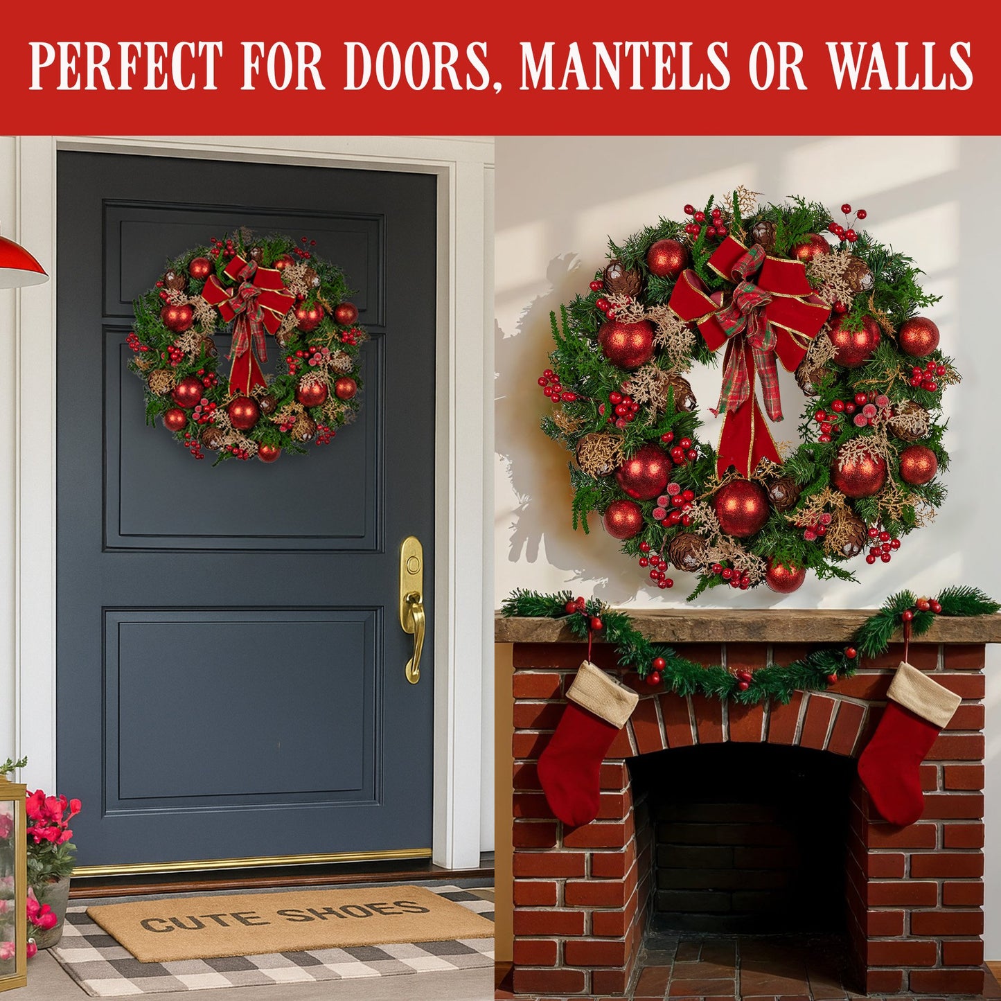Christabelle Stunning 56cm Christmas Wreath Lush Red Baubles Berries Pine Cones and Bow Front Door Decoration