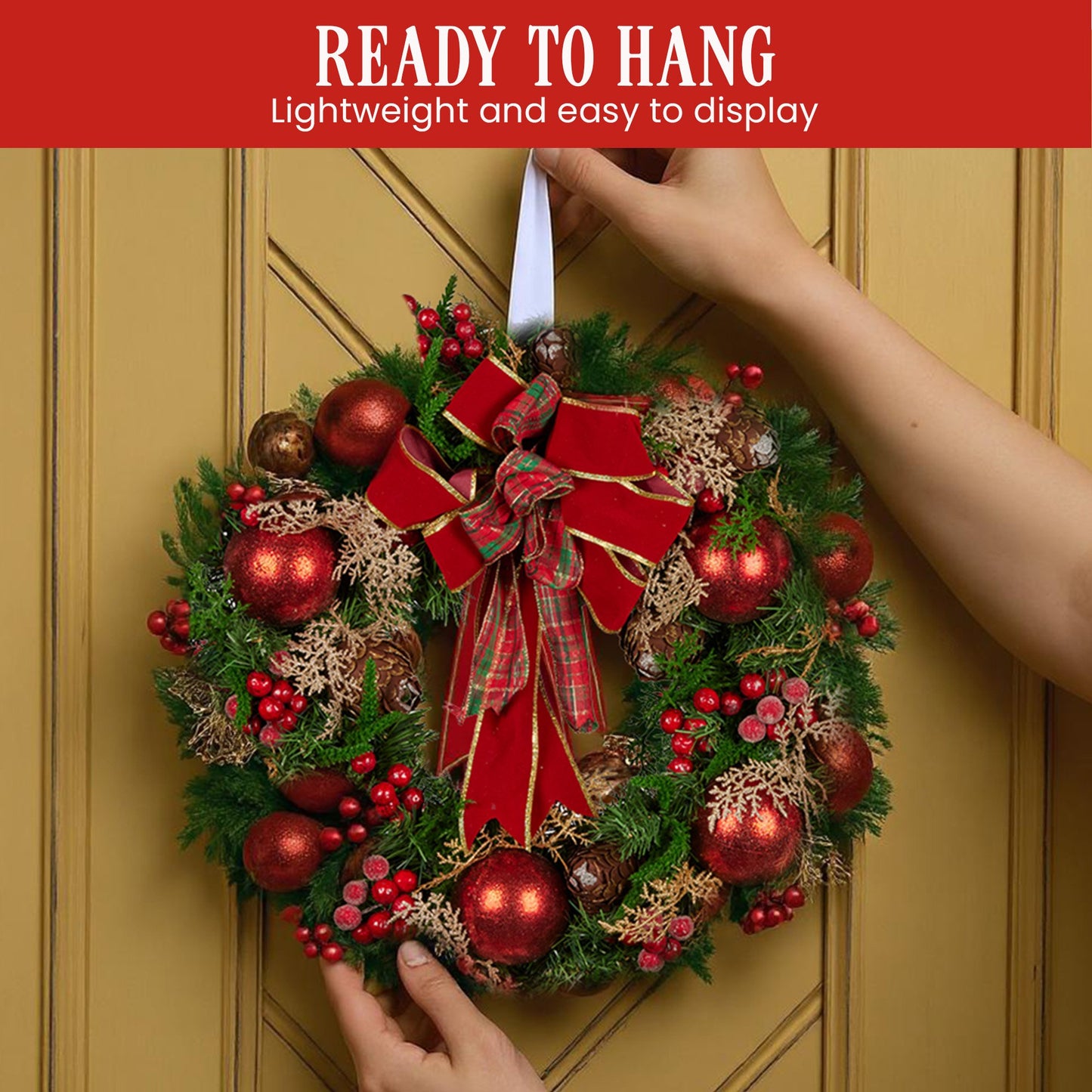 Christabelle Stunning 56cm Christmas Wreath Lush Red Baubles Berries Pine Cones and Bow Front Door Decoration