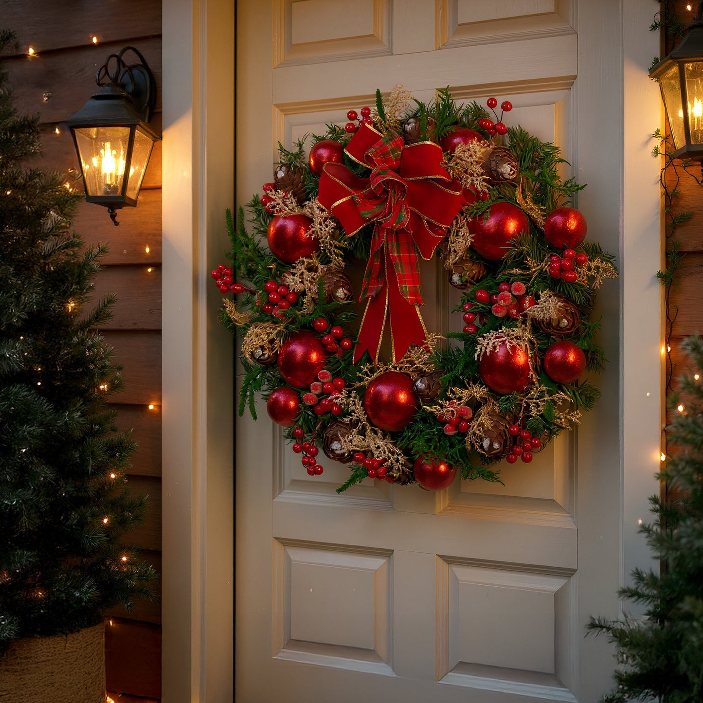 Christabelle Stunning 56cm Christmas Wreath Lush Red Baubles Berries Pine Cones and Bow Front Door Decoration