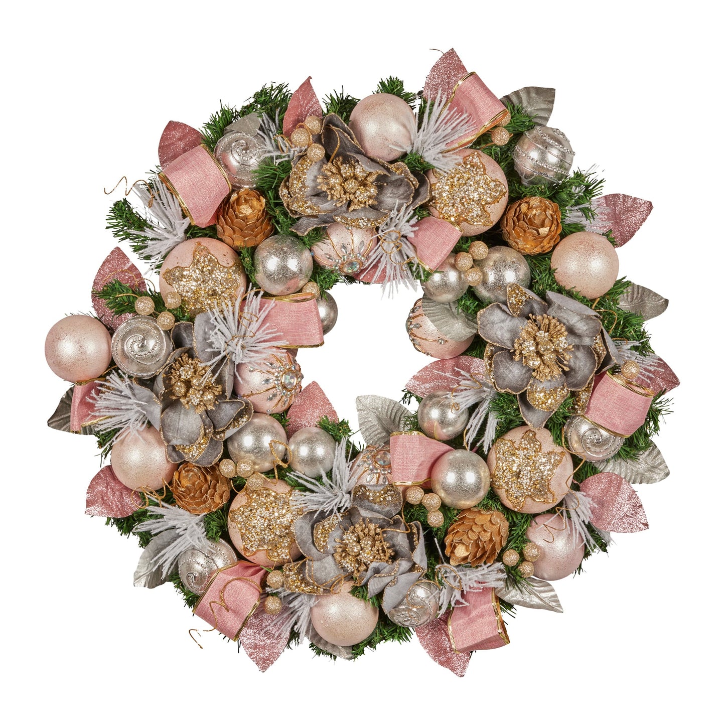 Christabelle 71cm Christmas Wreath Pink Front Door Decoration Jewelled Baubles Flowers Pine Cones Ribbons Ornaments