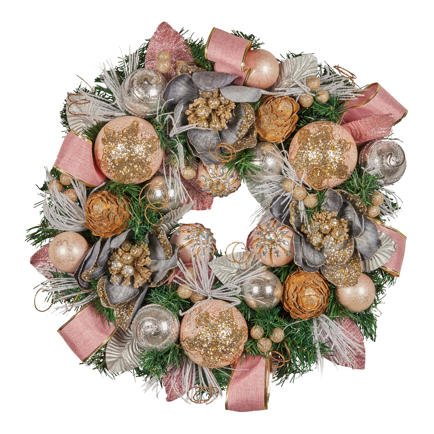 Christabelle 56cm Christmas Wreath Lush Pink Front Door Decoration Jewelled Baubles Flowers Pine Cones Ribbons