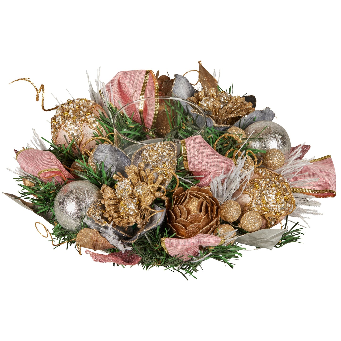 Christabelle 26cm Christmas Centrepiece Lush Green Holiday Jewelled Baubles Foliage Flowers Pine Cones Ribbon
