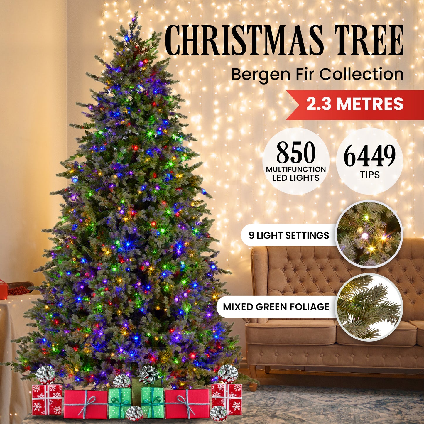 Bergen Fir 7.5ft Multicolour Pre-Lit Christmas Tree