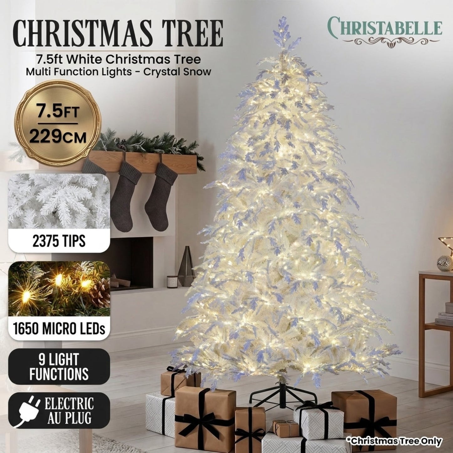 Christabelle 2.3m 7.5ft Crystal Snow Christmas Tree Pre Lit Multi Function Micro LED Artificial Indoor Xmas Decor Home