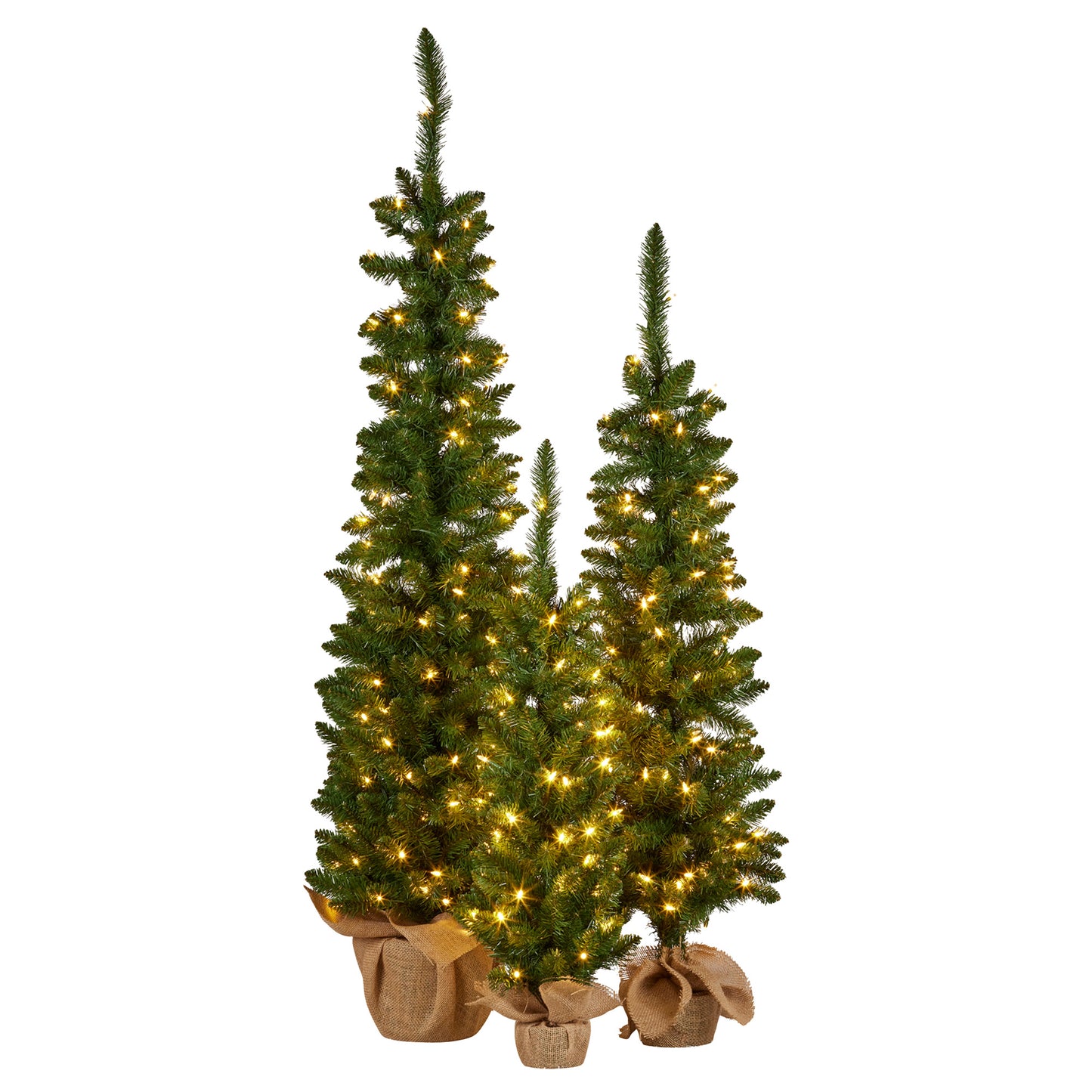 Christabelle Set of 3 Pre-Lit Christmas Trees Green Pine LED Lights Hessian Base Individual Plugs Varying Heights
