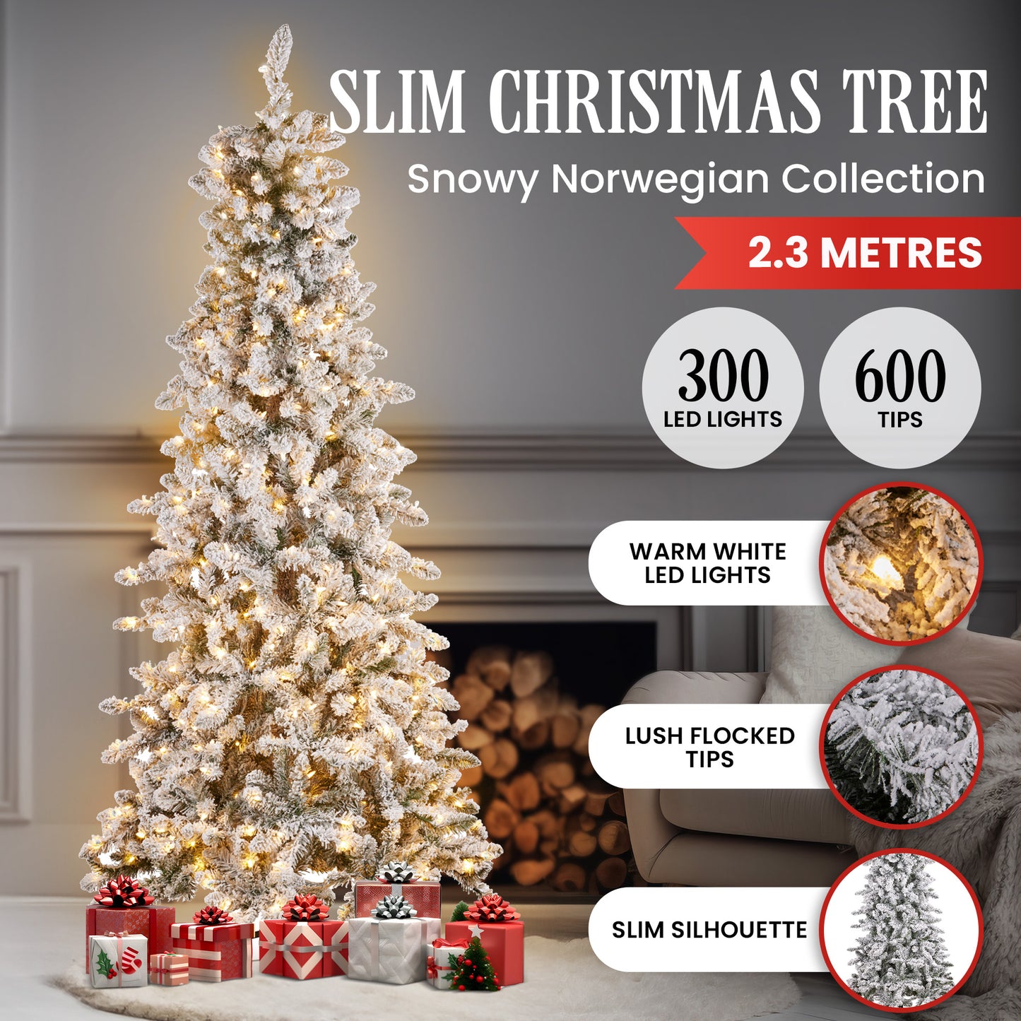 Christabelle 7.5ft Christmas Tree with Lights- Snowy Norwegian Slimline