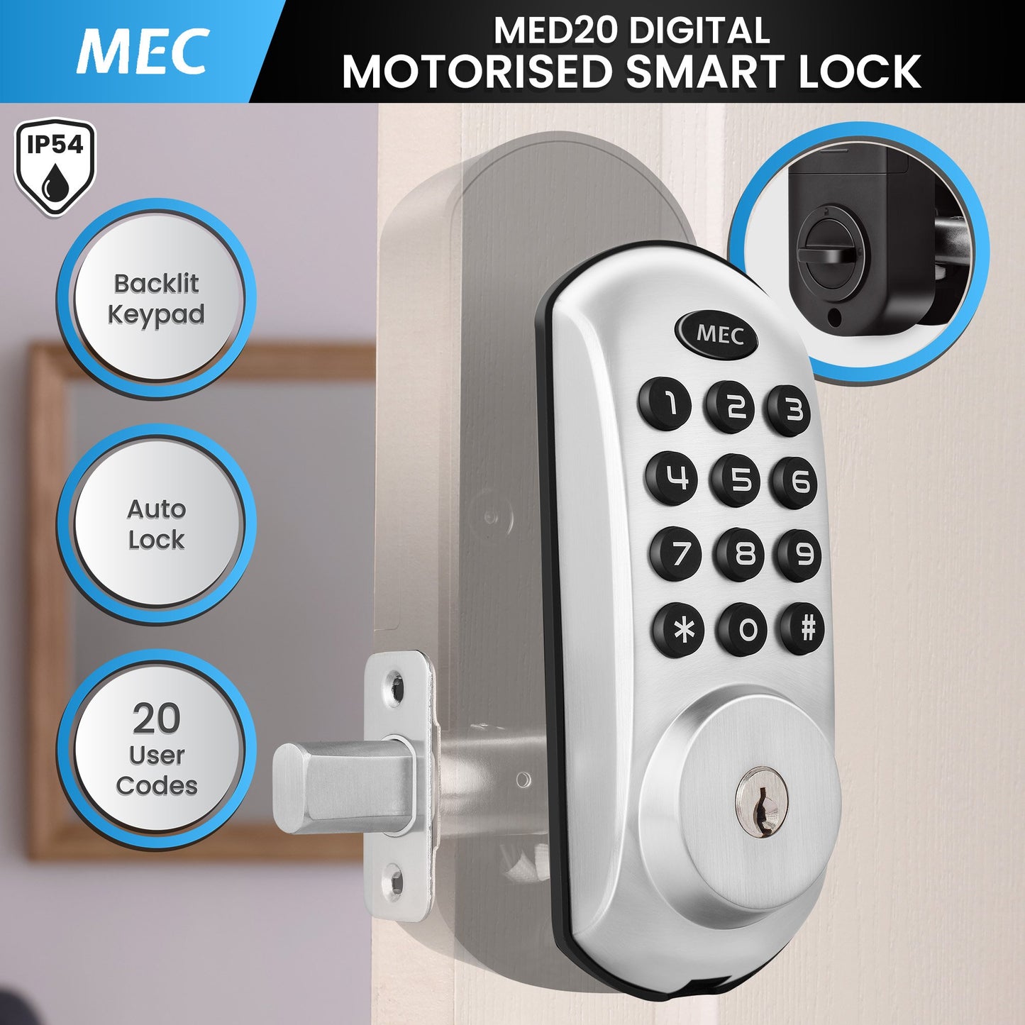MEC Digital Motorised Smart Lock 20 User Codes Auto-Lock Backlit Keypad Chrome