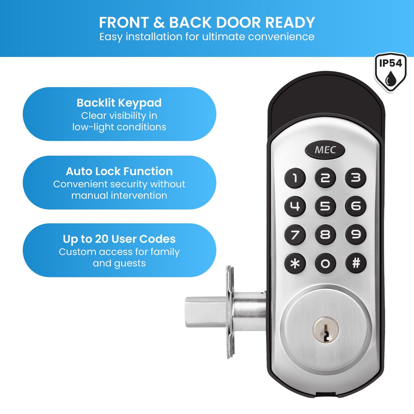 MEC Digital Motorised Smart Lock 20 User Codes Auto-Lock Backlit Keypad Chrome