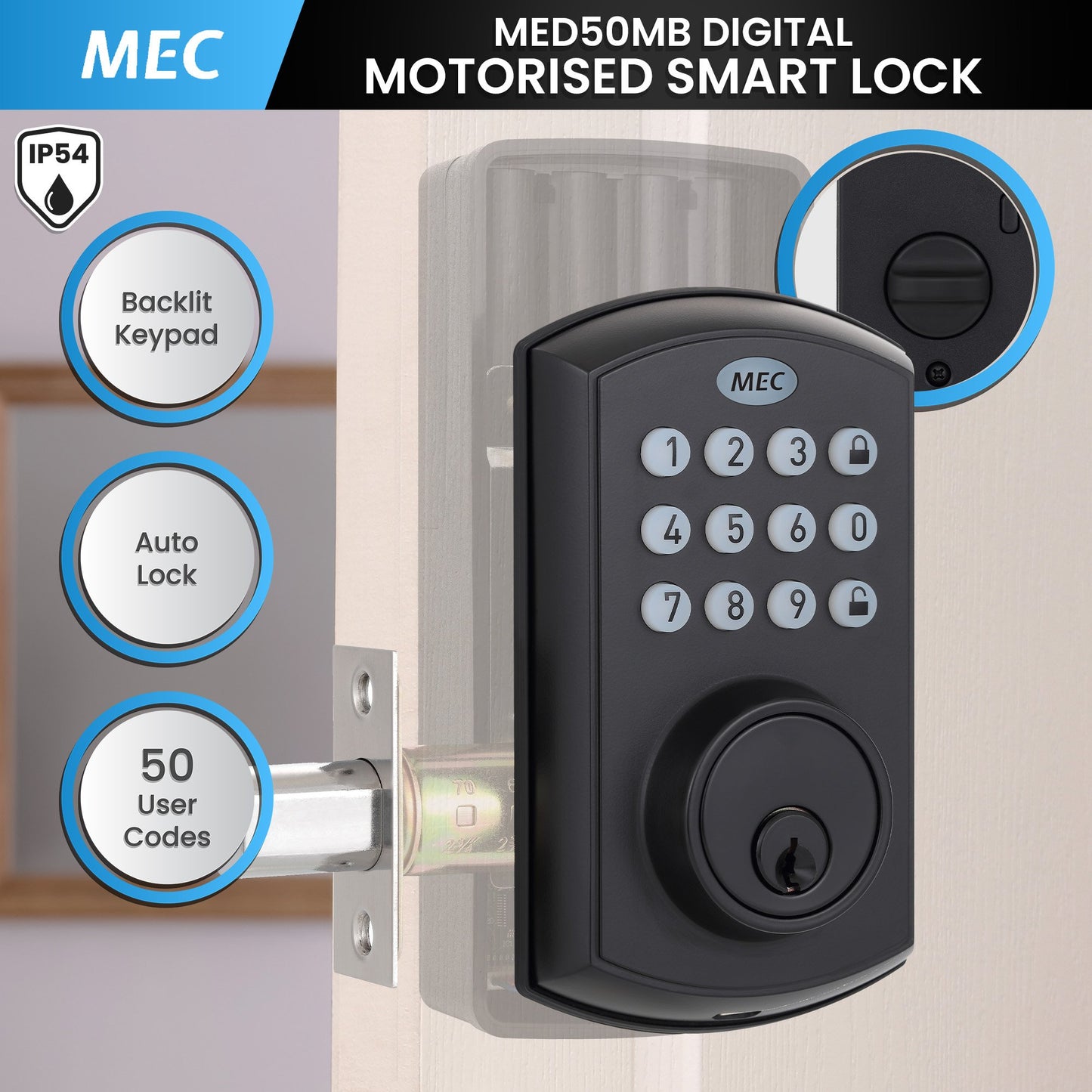 MEC Digital Motorised Smart Lock 50 User Codes Auto-Lock Backlit Keypad Matte Black