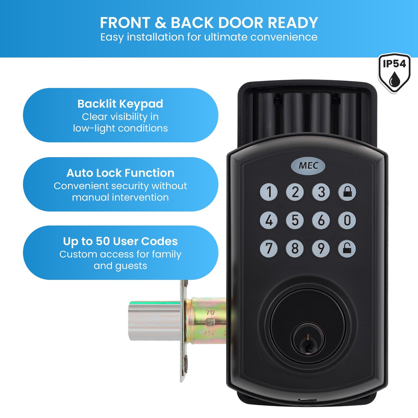 MEC Digital Motorised Smart Lock 50 User Codes Auto-Lock Backlit Keypad Matte Black
